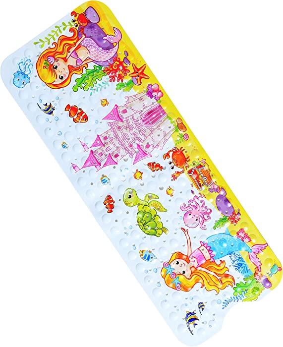 Bathsafe Mermaid Princess Extra Long Bathtub Mat Non-Slip Suction Cups Shower Mat Durable Bath Mat for Kids Toddler Baby with Drain Holes Suction Cups,40X16Inch