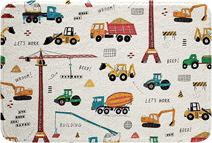 Kid Excavator Bath Mat, Tractor Machinery Trucks Door Mat, Construction Vehicle Bath Rugs for Boys, Bulldozer Crane Carpet, Equipment Truck Plush Shaggy Door Rug Floor Non Slip 20" x 32"