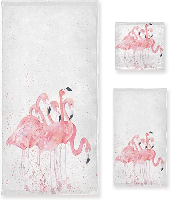 Naanle Stylish Splashed Pink Flamingo Soft Luxury Decorative Set of 3 Towels, 1 Bath Towel+1 Hand Towel+1 Washcloth, Multipurpose for Bathroom, Hotel, Gym, Spa and Kitchen