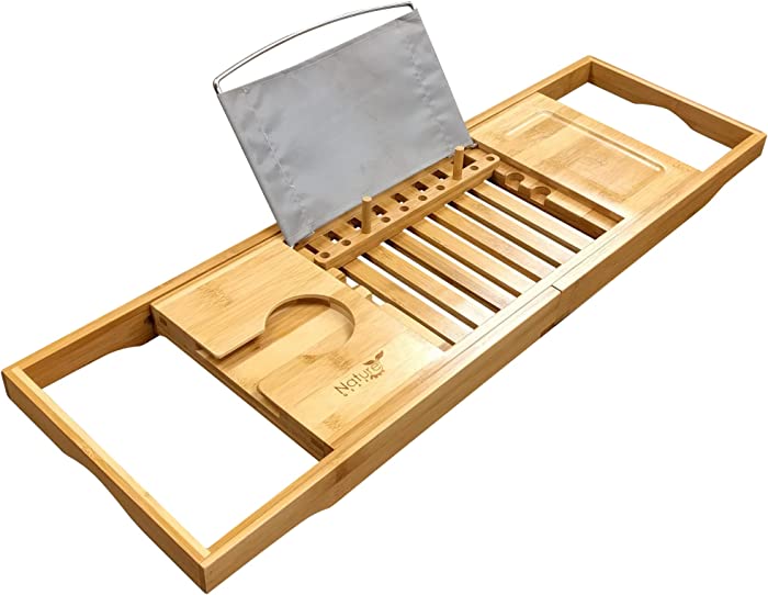 Wooden Bamboo Luxury Bathtub Tray for Your Book, Tablet or Smartphone - Bath Caddy Table with Extending Adjustable Arms for Tub - Wide and Adjustable with Wine Holder on Side