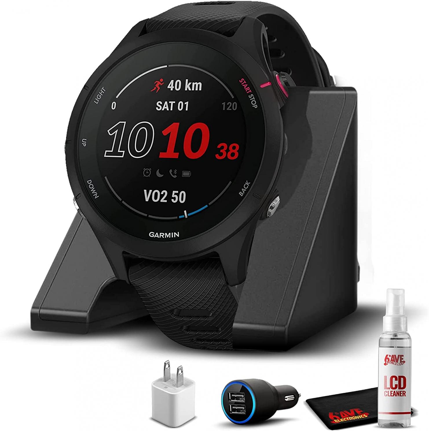 Garmin Forerunner 255S Music, Smaller GPS Running Smartwatch with Music, Advanced Insights, Long-Lasting Battery, Black with Charging Base, Travel Accessory Kit & 6Ave Cleaning Kit