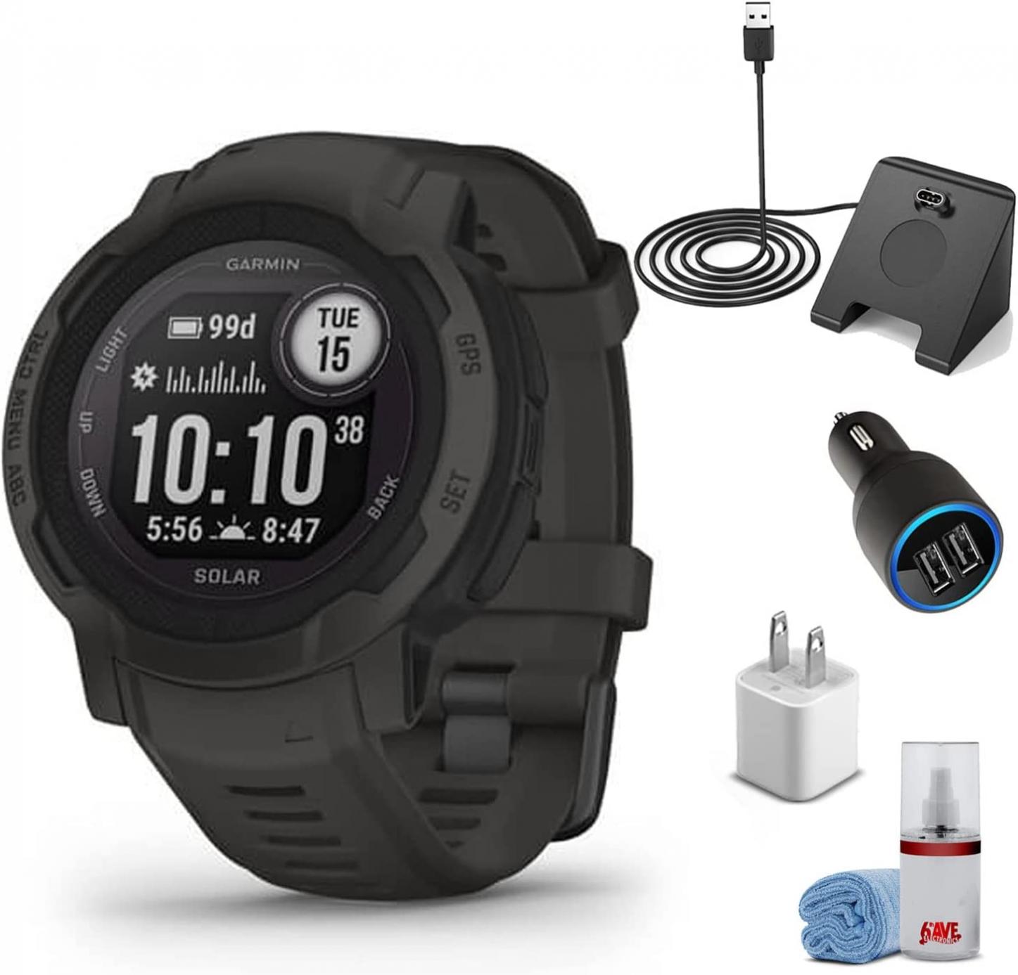 Garmin Instinct 2 Solar - Graphite (45MM) + Watch Charging Stand + USB Car/Wall Adapter + 6Ave Cleaning Kit (010-02627-10)