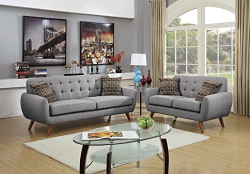 Poundex Bobkona Sonya Linen-Like 2 Piece Sofa and Loveseat Set, Grey