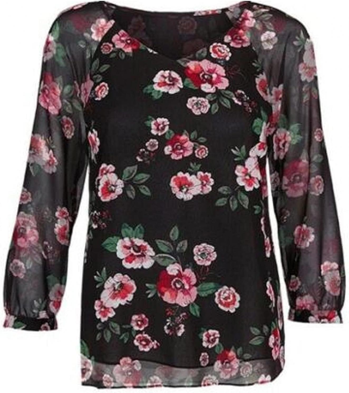 CABI Garden Blouse Black Layered Sheer Floral Print Top