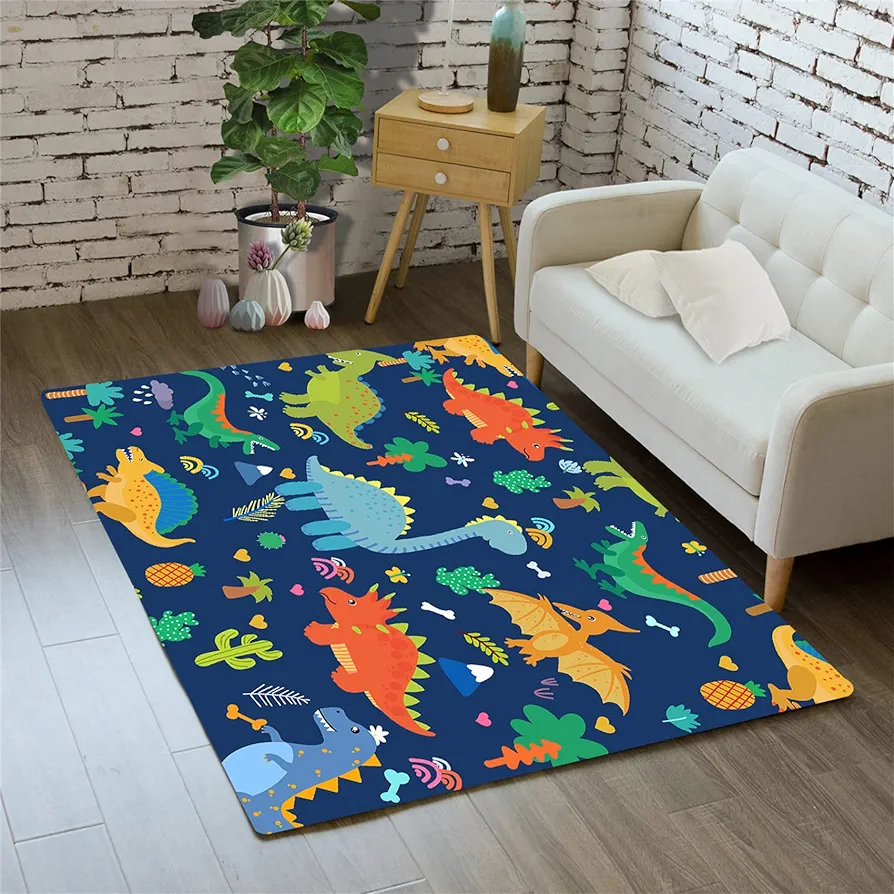 Cartoon Dinosaur Area Rugs Lovely Dinosaur Carpet Rugs for Boys Kids Blue Cute Animal Patterns Carpet Dinosaur Rugs for Boys Bedroom Living Dinning Room Bedroom Kitchen Playing Room, 2'×3'