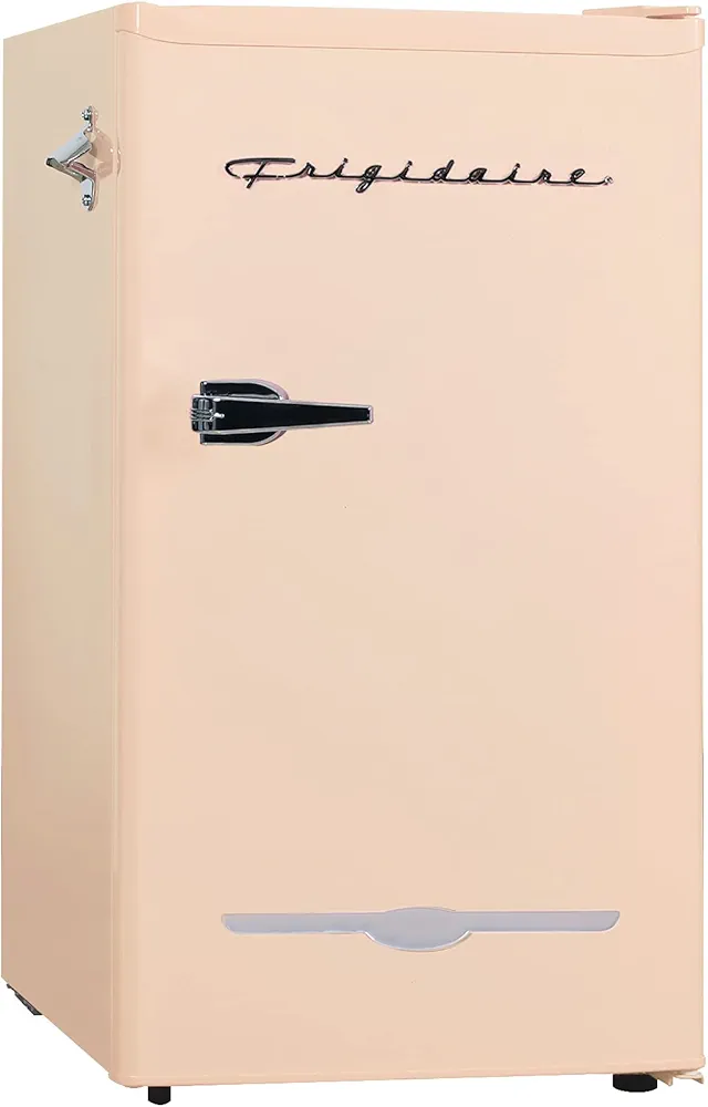 Frigidaire Retro Compact Fridge with Chiller, 3.2 cu ft Countertop Fridge with Built-In Bottle Opener, Compact Refrigerator for Office, Bedroom, Dorm Room or Cabin - 16.5"D x 19"W x 31"H (Coral)