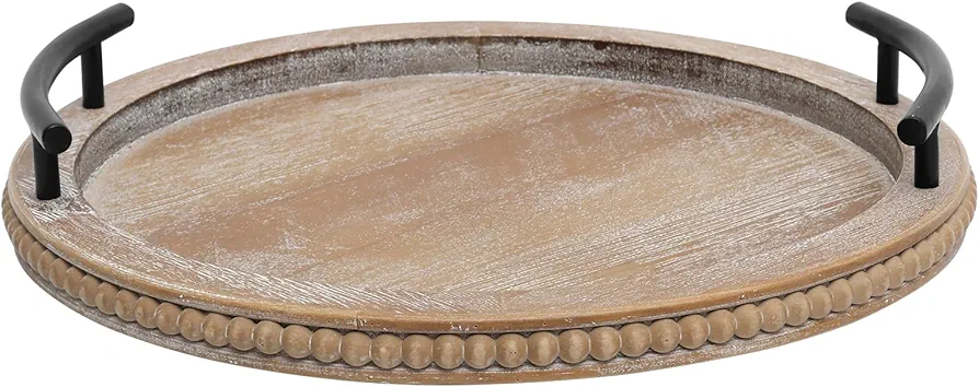 Brown Wooden Beaded Serving Tray with Handle Decorative Rustic Tray for Coffee Table Farmhouse Round Tray for Kitchen, Living Room and Bedroom