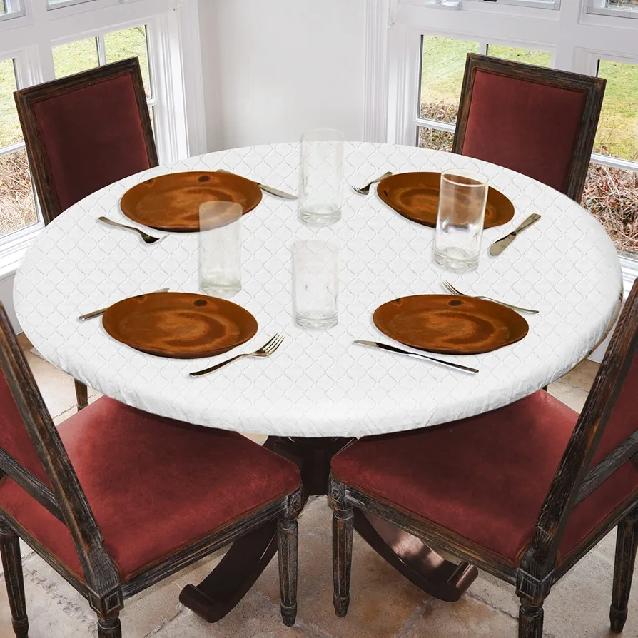 Covers For The Home Deluxe Elastic Edged Flannel Backed Vinyl Fitted Table Cover - Quilted White Pattern - Large Round - Fits Tables up to 45" - 56" Diameter