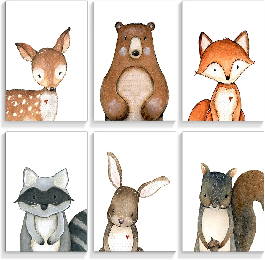 gooptyinh 6 Pieces Woodland Animals Nursery Canvas Wall Art Cute Safari Jungle Animal Deer Bear Bunny Pictures Room Posters Farmhouse Forest Theme Fox Squirrel Raccoon Prints Decor 12x16in Unframed