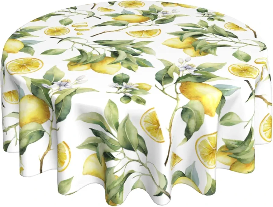 Sweetshow Lemon Tablecloth Round 60 inch Spring Summer Retro Watercolor Lemon Yellow White Floral Print Decorative Table Cloth Decor for Home Kitchen Dining Room