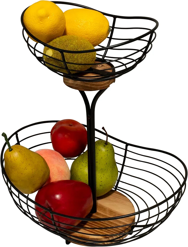 2 Tier Fruit Basket for Kitchen Countertop,Black Metal Wire with Wood Base,Modern Farmhouse Fruit Bowl,Portable Storage Basket for Kitchen and Dining Room,Decor Fruit Basket,Fruit Stand, Fruit bowl.