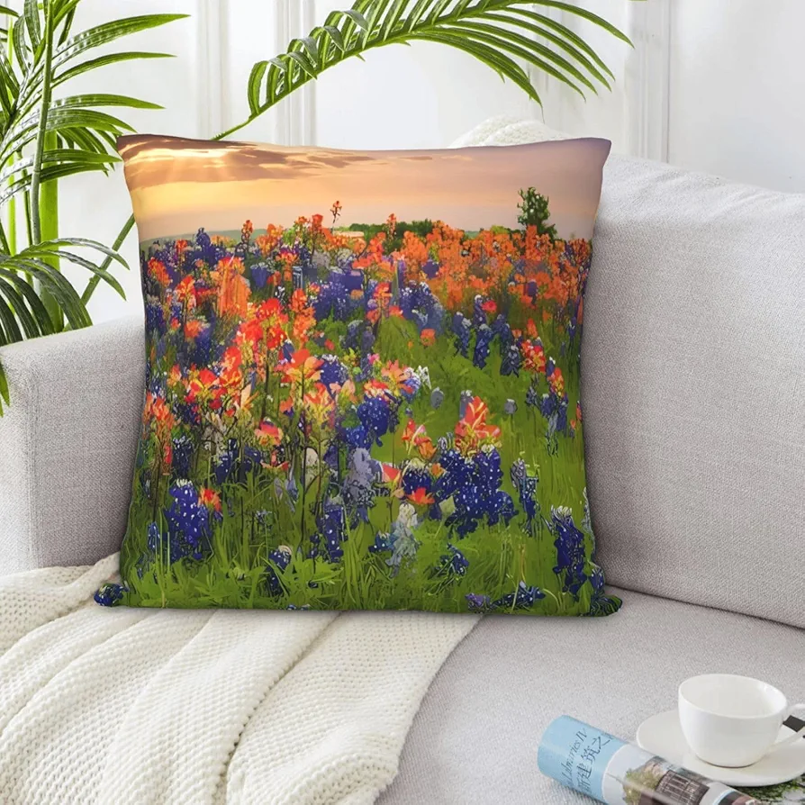 Decorative Throw Pillow Covers Square Pillow Covers for Sofa Texas Bluebonnets Scenery Throw Pillow Cover Double Sided Plush Pillow Case 12""x12"" Cushion Case for Living Room, White