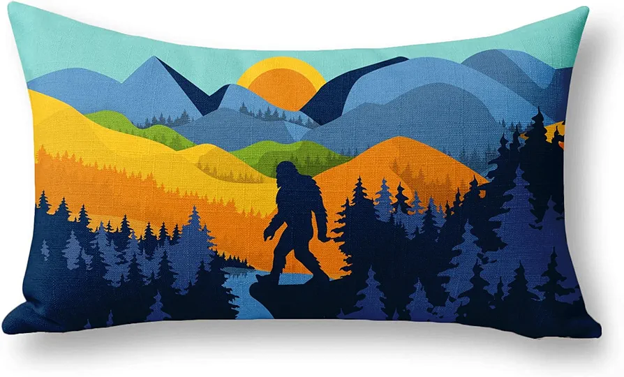 Bigfoot Travel Pillow 20 in x 12 in Sasquatch Mountain Sunset Scene Woods