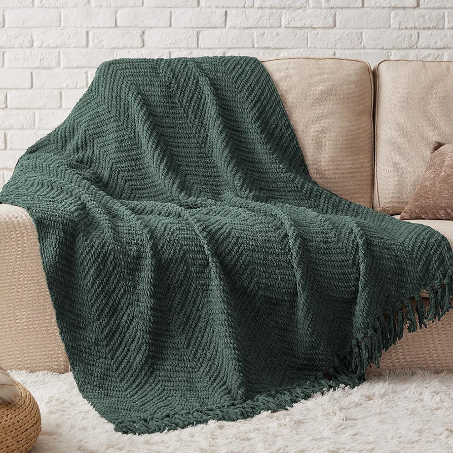 Bedsure Mallard Green Throw Blanket for Couch – Versatile Knit Woven Chenille Blanket for Chair, Soft, Warm & Decorative Blanket with Tassels for Bed, Sofa and Living Room (Mallard Green, 50 x 60 in)