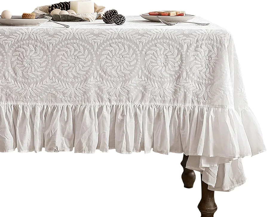 Vintage Ruffle Tablecloth for Rectangle Tables,Farmhouse Embroidered Cotton White Lace Table Cloth Cover Decor for Dining Room Wedding Banquet Thanksgiving Christmas,63"*98"