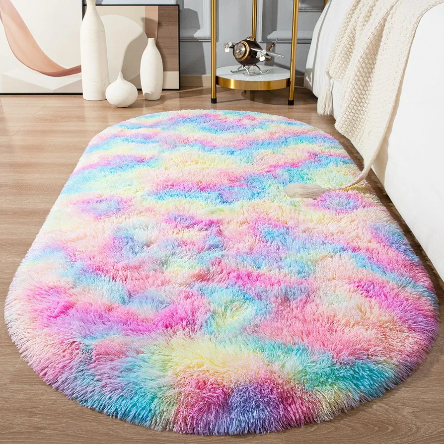 Softlife Fluffy Rugs for Bedroom, Shag Cute Area Rug for Girls and Kids Baby Room Home Decor, 2.6 x 5.3 Feet Oval Indoor Carpet for Nursery Dorm Living Room, Rainbow