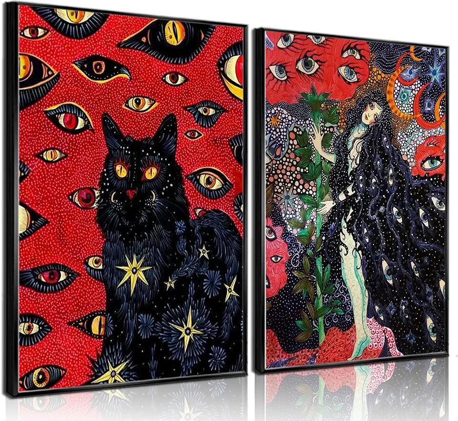 2Pcs Black Cat Cohen Hippie Psychedelic Wall Art Retro Fun Cool Girl Mystical Animal Eyes Stars Canvas Posters Prints Cat Lovers Wall Decor Pictures Bedroom Living Room Dorm Decoration Unframed