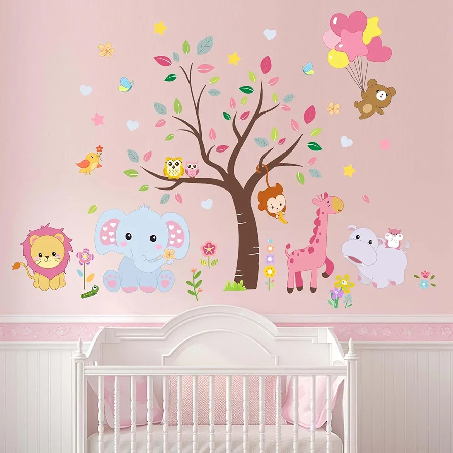 Pink Animals Baby Wall Stickers - Forest Lion Elephant Monkey Hippo Wall Decals - Girls Baby Nursery Kids Room Wall Decor