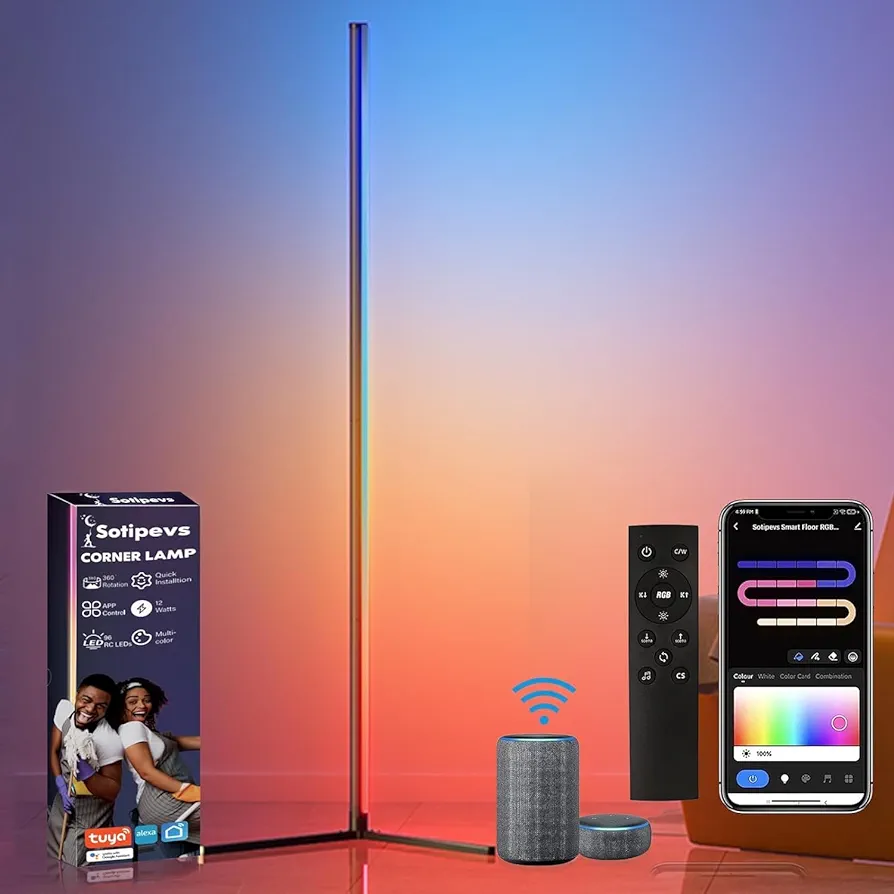 Corner Floor Lamp - LED Corner Lamp Works with Alexa, Smart APP and Remote Control, RGB Floor Lamp with DIY Colors & Music Sync, Timer Setting, Color Changing Lamps for Bedroom Living Room Gaming Room