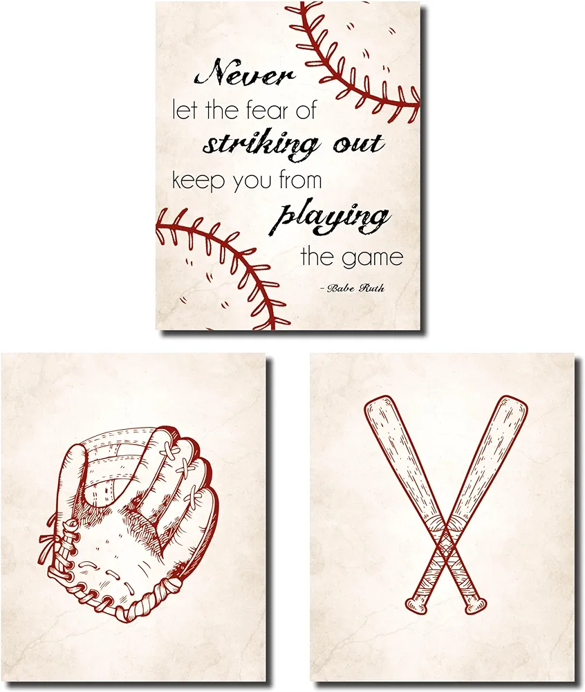 Set of 3 Baseball Prints | Unframed Baseball Wall Decor For Sports Fans | Boys Room Decor | Baseball Inspirational Quote | Baseball Stuff | Boys Bedroom Decor | Size 11×14 inches