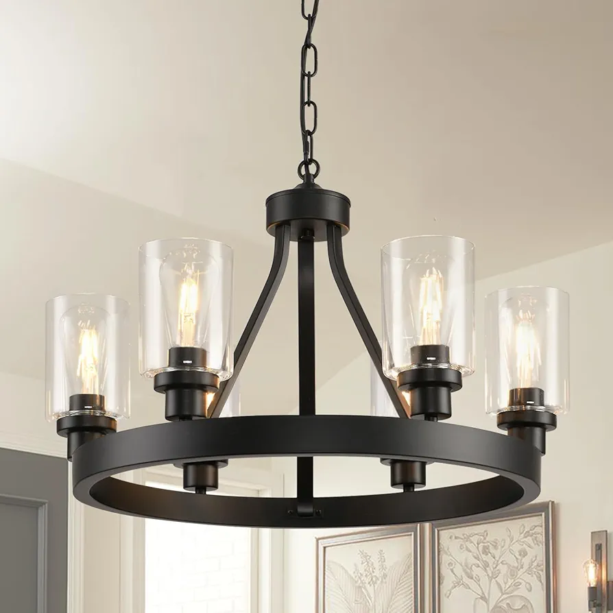 D24'' Black Wagon Wheel Chandelier, 6-Light Black Round Farmhouse Chandeliers, Dining Room Light Fixtures Black Industrial Hanging Lights for Kitchen Island, Living Room, Bedroom, Entryway, Foyer