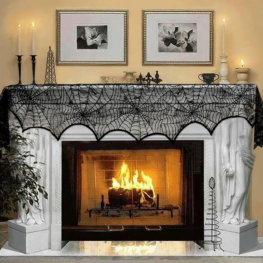 AerWo Halloween Decoration Black Lace Spiderweb Fireplace Mantle Scarf Cover Festive Party Supplies 45 X 243cm 18 x 96 inch