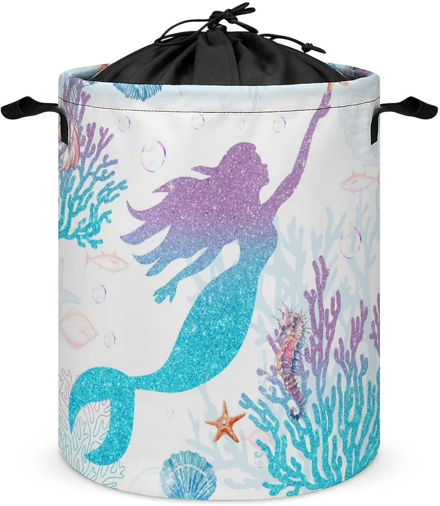 Cute Mermaid Nautical Theme Collapsible Folding Washing Bin,Rainbow Colorful Glitter Girls Mermaid Scales Starfish Coral For Laundry Room, Balcony Dirty Clothes Basket-13.8"W X13.8"L X17.3"H