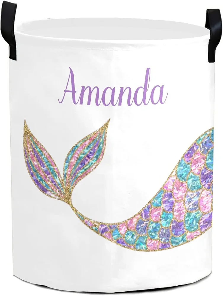 Colorful Mermaid Laundry Hamper Basket Custom Name Storage Bin Waterproof Clothes Storage Basket Room Decor Dirty Clothes Baskets for Gift, 19.69''(height) x 14.17''(diameter)