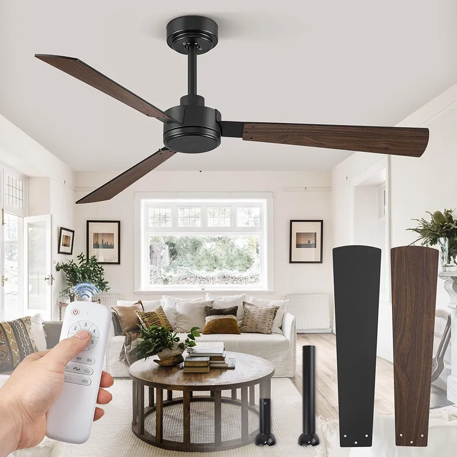 52 Inch Ceiling Fan with Remote No Light, Black Indoor/Outdoor Ceiling Fan with Quiet Reversible DC Motor, 6 Speeds, 3 Blades Modern Ceiling Fans for Patio Living Room Bedroom