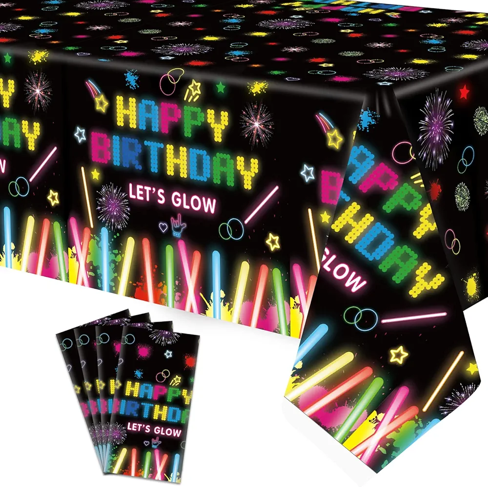 4 Pack Glow Party Table Covers Neon Party Tablecloth 51x86 Inch Glow Party Tablecloth Neon Glow Table Cover Glow in The Dark Birthday Party Table Cloth Black Light Table Cloths Let's Glow Tablecloth