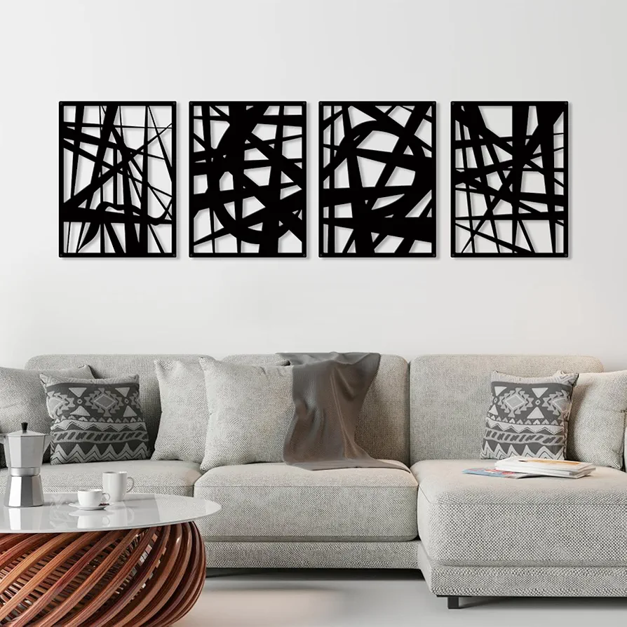 RUFHVTY 4 Pcs Metal Abstract Wall Art, Black Single Line Home Decor, Minimalist 3D Textured Sculptures Artwork for Living Room Bedroom Bathroom Office Study(Black 11"x16")