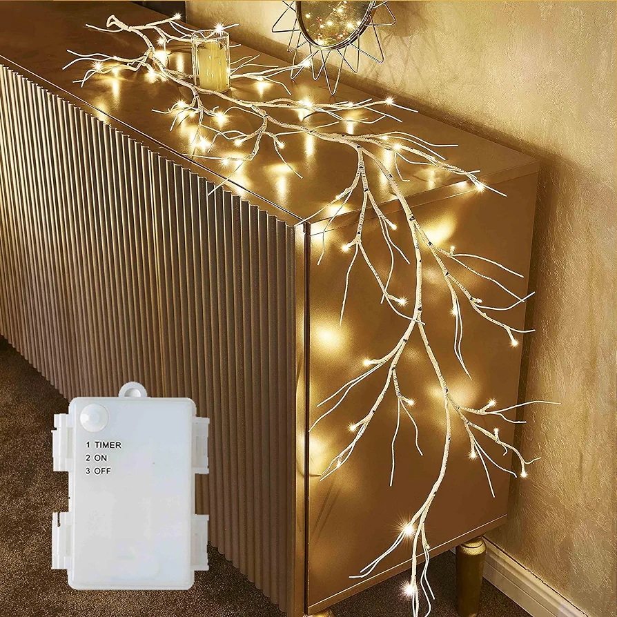 Hairui Birch Garland with Lights 6FT 48 LED Battery Operated, Lighted Twig Vine with Timer for Christmas Home Fireplace Decoration Indoor Outdoor Use