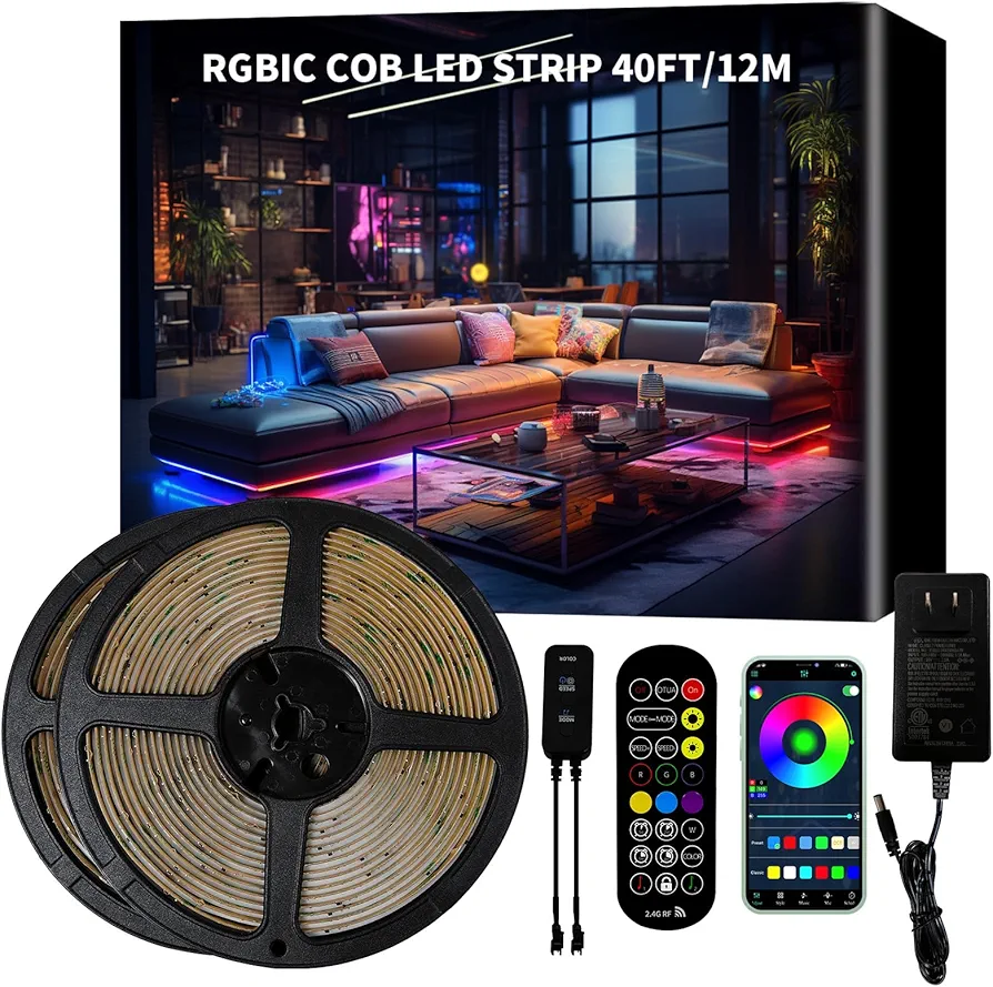 40ft COB RGB+IC LED Strip Lights, Bright Dream Color COB LED Light Strip with RF Remote App Control Music Sync Color Changing for Game Room Bedroom Kitchen Lighting Home Decor