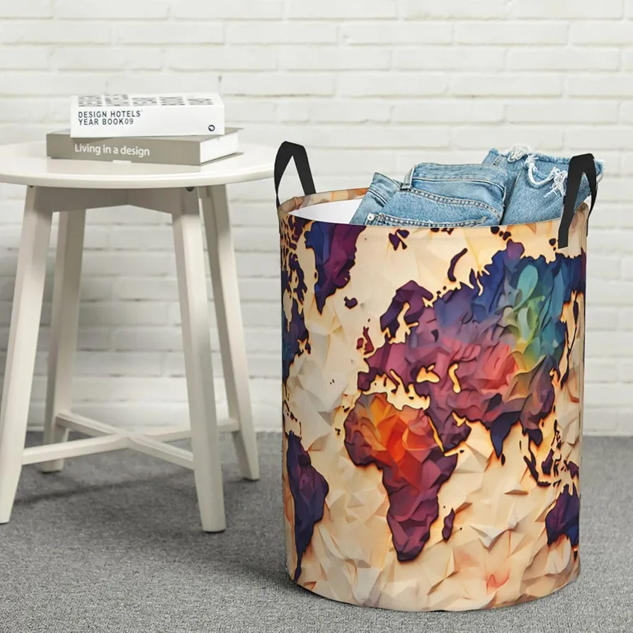 Laundry Basket Waterproof Laundry Hamper With Handles Dirty Clothes Organizer Colorful Map Print Protable Foldable Storage Bin Bag For Living Room Bedroom Playroom, Small, Black