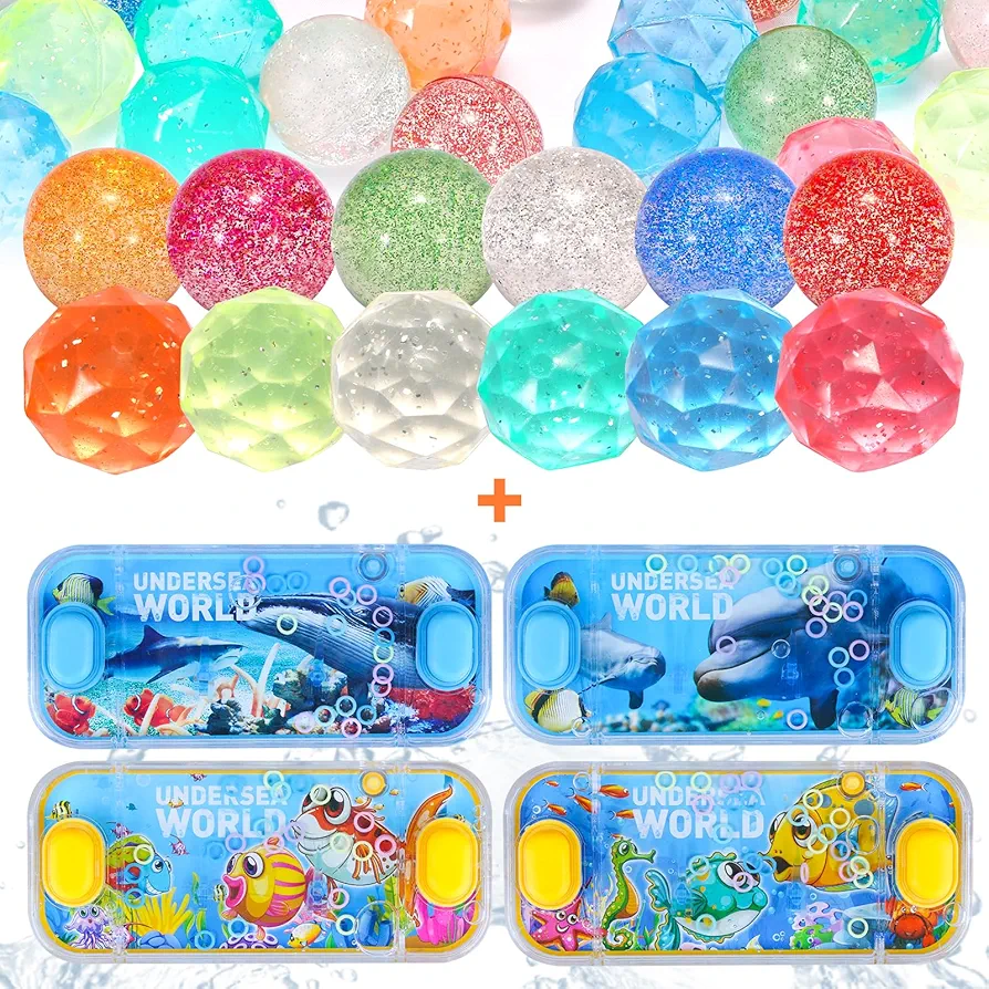 Bouncy Balls and 4 Pack Ocean Themed Water Games for Kids Handheld Ring Toss, Fidget Toys for Classroom Prizes Party Favors Easter Basket Stuffers