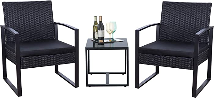 Flamaker 3 Pieces Patio Set Outdoor Wicker Patio Furniture Sets Modern Bistro Set Rattan Chair Conversation Sets with Coffee Table for Yard and Bistro (Black)