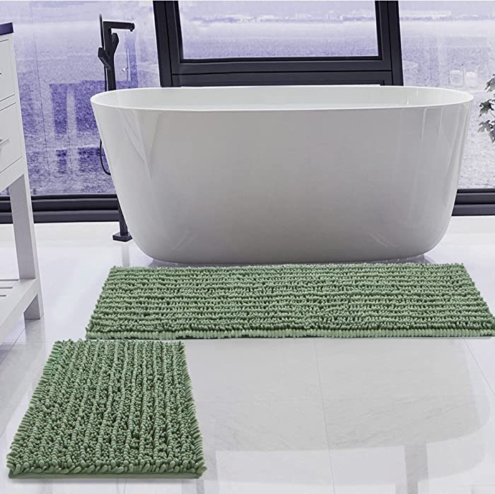 Luxury Chenille Sage Green Bathroom Rugs Sets 2 Piece, Thickened Hot Melt Rubber Bottom Bath Mats for Bathroom Non Slip,Bath Rugs Quick Dry Machine Washable for Shower Mat,Puppy-Loved Mat