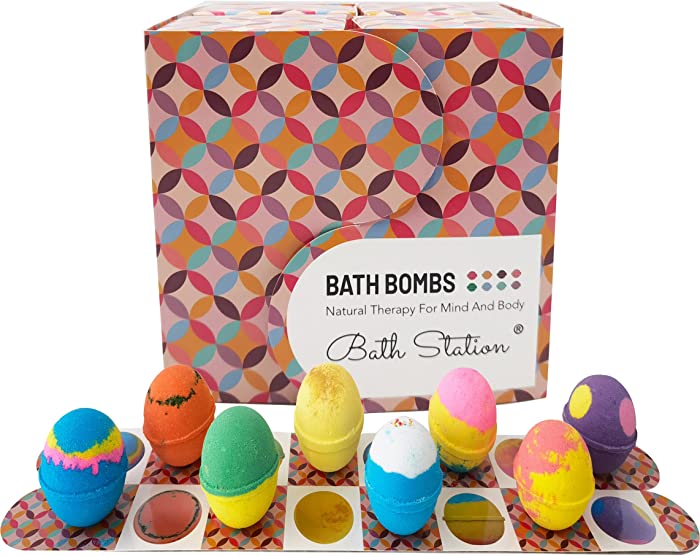 Bathstation Bath Bombs Gift Set,8 XXL Hand Made Bath Bombs with Rich Essential Oil, Shea Butter, Coconut Oil,Dead Sea Salt,The Best Ultra Bubble Fizzies Bath Bombs for Kids,Women,Girlfriend and Men