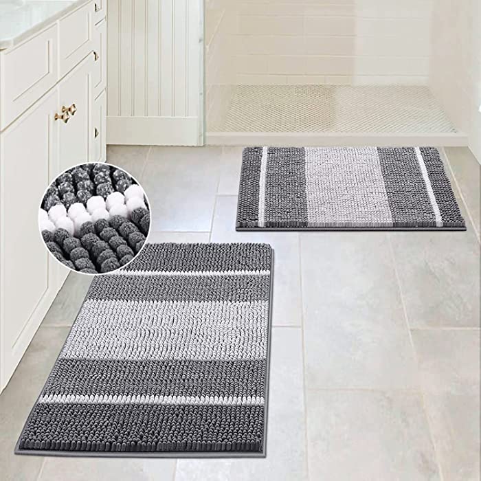 H.VERSAILTEX Bath Rug Set 2 Piece for Bathroom Bath Mats Non Slip Bouncy Chenille Ombre Dyeing Bath Rugs Rectangle, Water Absorbent Striped Shag Mats (32" x 20" Plus 24" x 17", Grey)