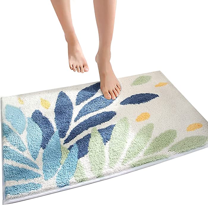 Bathroom Rugs Non Slip - Leaf Pattern Bath Mat for Bathroom, Soft Washable Bath Shower Rug Green and Blue, 20x32 Inch