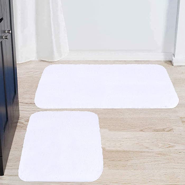 Buganda Microfiber Bathroom Rugs Set 2 Pieces - Shaggy Soft Thick Bath Mat, Non-Slip Machine Wash/Dry Absorbent Shower Bathroom Rugs and Mats Sets for Bathroom(17”x24”+20”x32”, White)