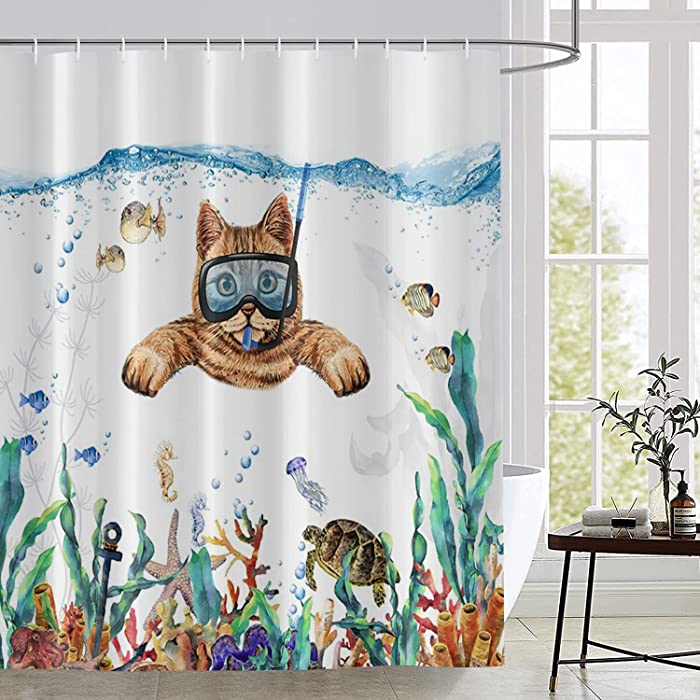 Funny Cat Shower Curtain, Cute Kitten Swimming in Teal Blue Ocean Sea Turtle Tropical Fish Jellyfish Starfish Coral Bathroom Curtain Kid Bathtub Decor Waterproof Machine Fabric Washable with 12 Hooks