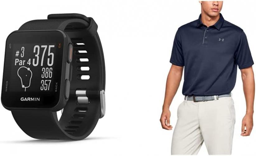 Garmin 010-02028-00 Approach S10, Lightweight GPS Golf Watch, Black & Under Armour Men's Tech Golf Polo, Midnight Navy (410)/Graphite, Large