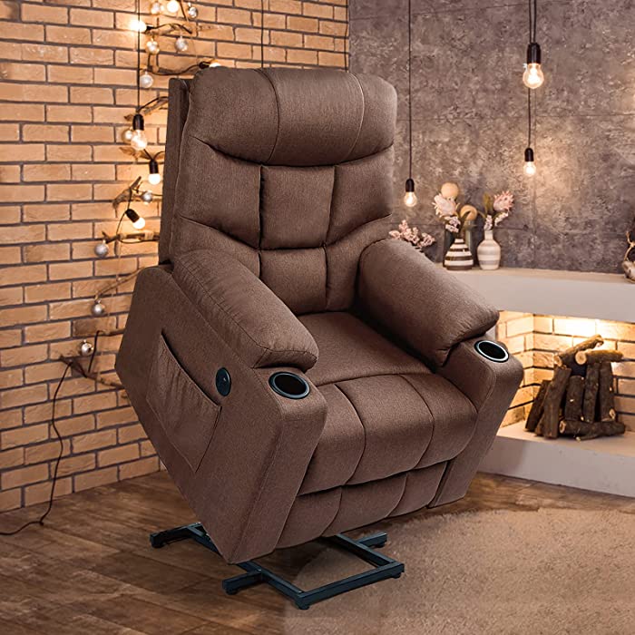 Esright Power Lift Chair Electric Recliner for Elderly Heated Vibration Massage Fabric Sofa Motorized Living Room Chair with Side Pocket and Cup Holders, USB Charge Port&Massage Remote Control, Brown