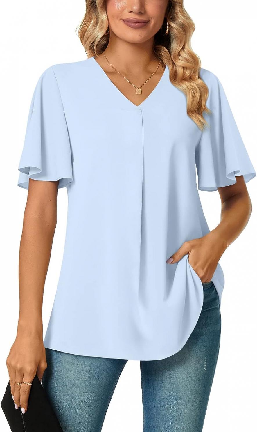 Bestbee Women's Short Sleeve Dressy Chiffon Blouses V Neck Tunic Tops Cute Summer Shirts Casual T-Shirts