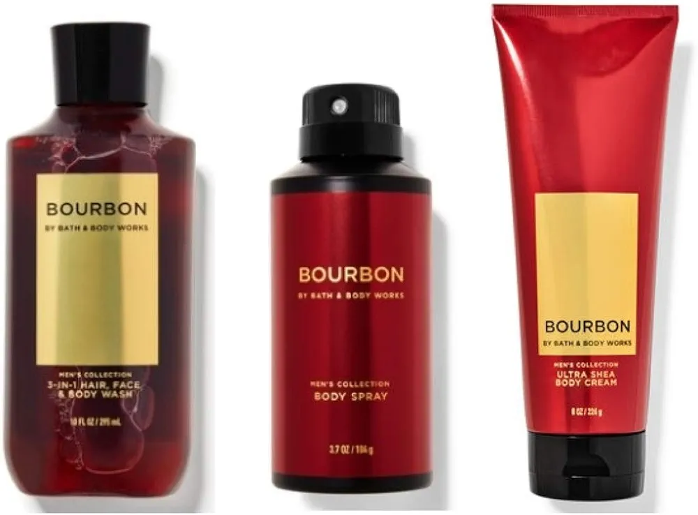 Bath & Body Works Bourbon - Ultra Shea Body Cream 8 oz, 2-in-1 Hair + Body Wash 10 oz & Deodorizing Body Spray 3.7 oz - Set