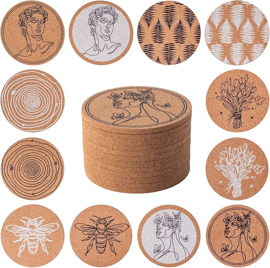 Coasters for Drinks 12 pcs Absorbent Cork Coasters with Modern Artistic Coaster for Coffee Table Housewarming Gifts for New Home Present for Friends, Living Room Decor, Apartment Decor