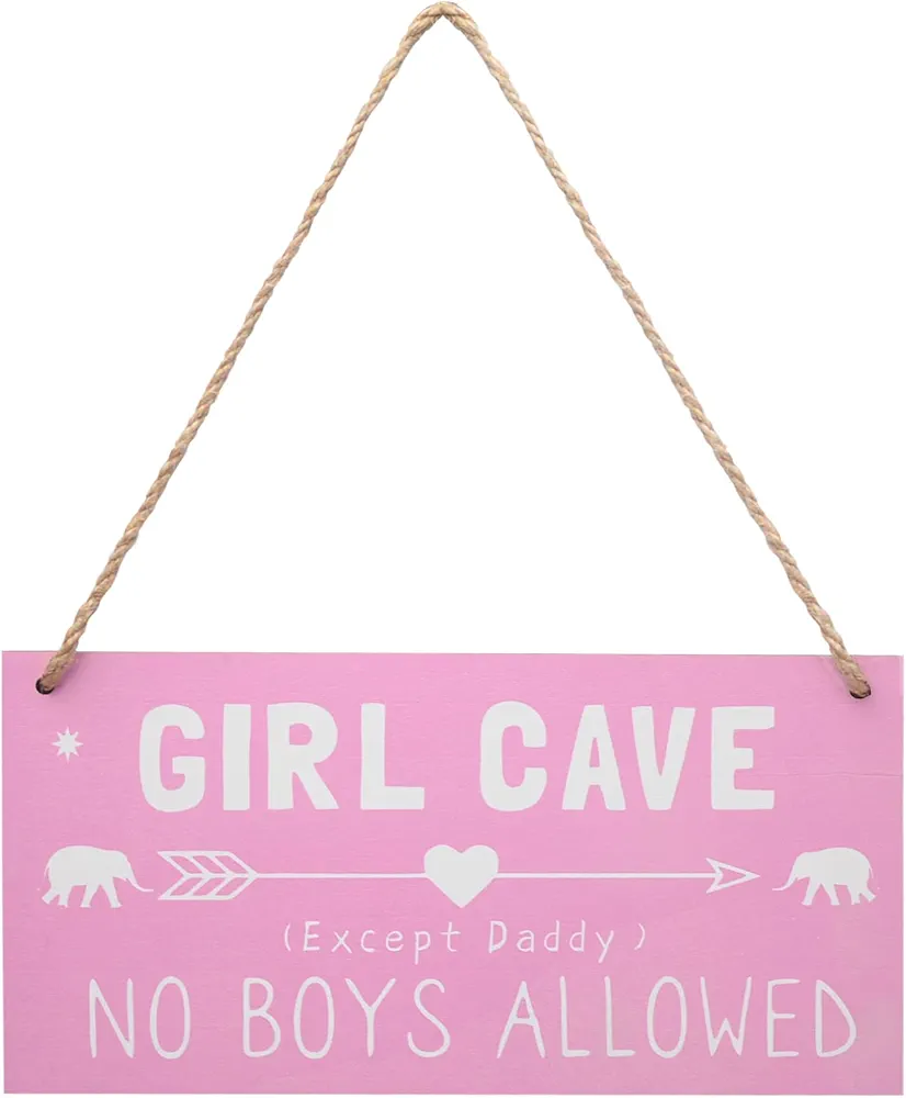 Girl Cave Sign Girls Bedroom Decorations, Hanging Wooden Door Sign for Teen Girl Kids Bedroom Living Room Wall Decor, No Boys Allowed Sign