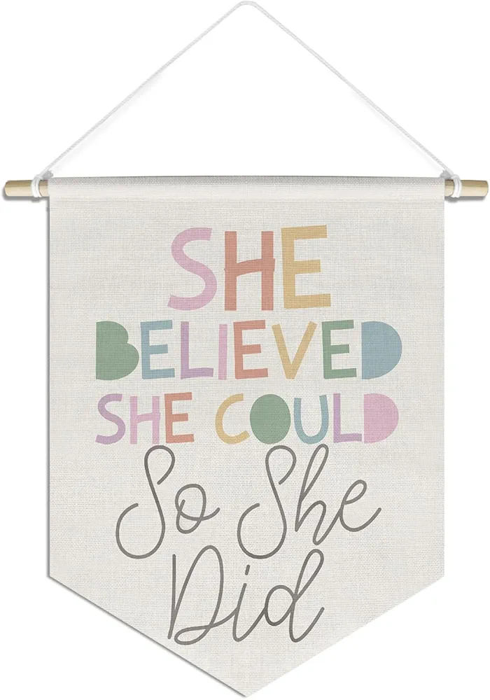 Inspirational Gifts Canvas Hanging Pennant Flag Banner,She Believed She Could So She Did,Preppy Aesthetic Wall Decor for Nursery bedroom teen girls,Bedroom Decor for Baby Girl Girls Room