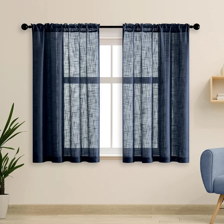 SHINELAND Blue Kitchen Curtains Set of 2 Pack Rod Pocket Linen Textured Boho Vintage Semi Sheer Short Curtains for Boys Room Kids Small Bedroom Window 36 Wide x 48 Length